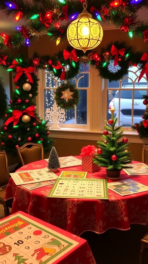 Festive Christmas Games Decor Ideas A festive Christmas game setup with decorations, lights, and a bingo game board on a table.